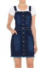 Dark Wash Sleeveless Denim Dress Exposed Button Front Frayed Hem Fitted Stretch