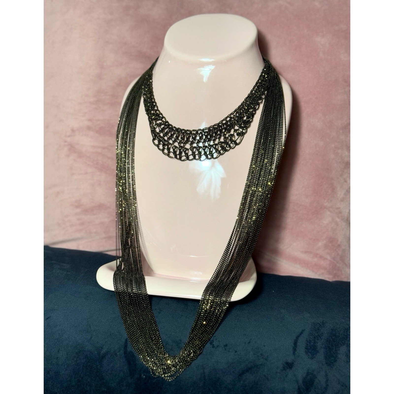 2 Black Brown Multi Layer Statement Chain Necklac… - image 1