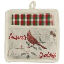 Wild & Beautiful Pot Holder Dishtowel Set Cardinal Red Green Christmas Gift Park