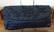 MAGID vintage black satin hand beaded evening bag