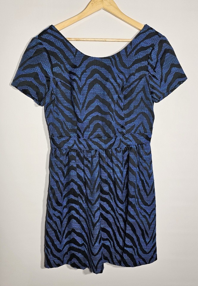Portmans Dress sz 12 Animal Print Blue On Black Midi Fit And Flare + FREE POST