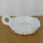 VTG Milk Glass Square Candy Dish with Loop Handle Cut Glass Pattern