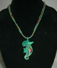 Seahorse Glass Pendant Necklace Handmade Seed Beads Lampwork 21" Sea Green Red