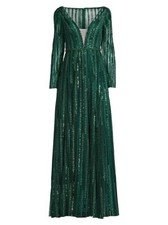 $698 MAC DUGGAL PLUNGING STRIPED SEQUIN LONG SLEEVE GOWN | Emerald | 10, Altered