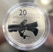 2011, Canada, $20 Coin, Canoe & Reflection, .999 Silver, Encap., Heavy Cameo