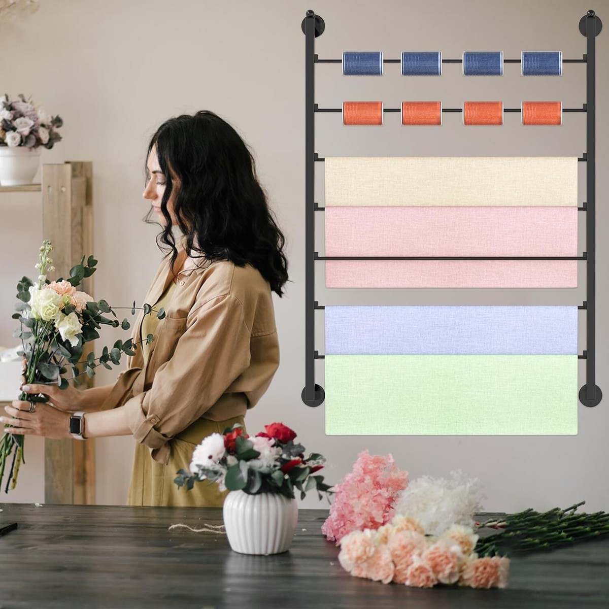 Ikare 7-Tier Metal Ribbon Storage Organizer - Wall Mounted Rack For Wrapping Paper, Crafts, Flower Shop (27.55x35.43x3.93 In) - View #11