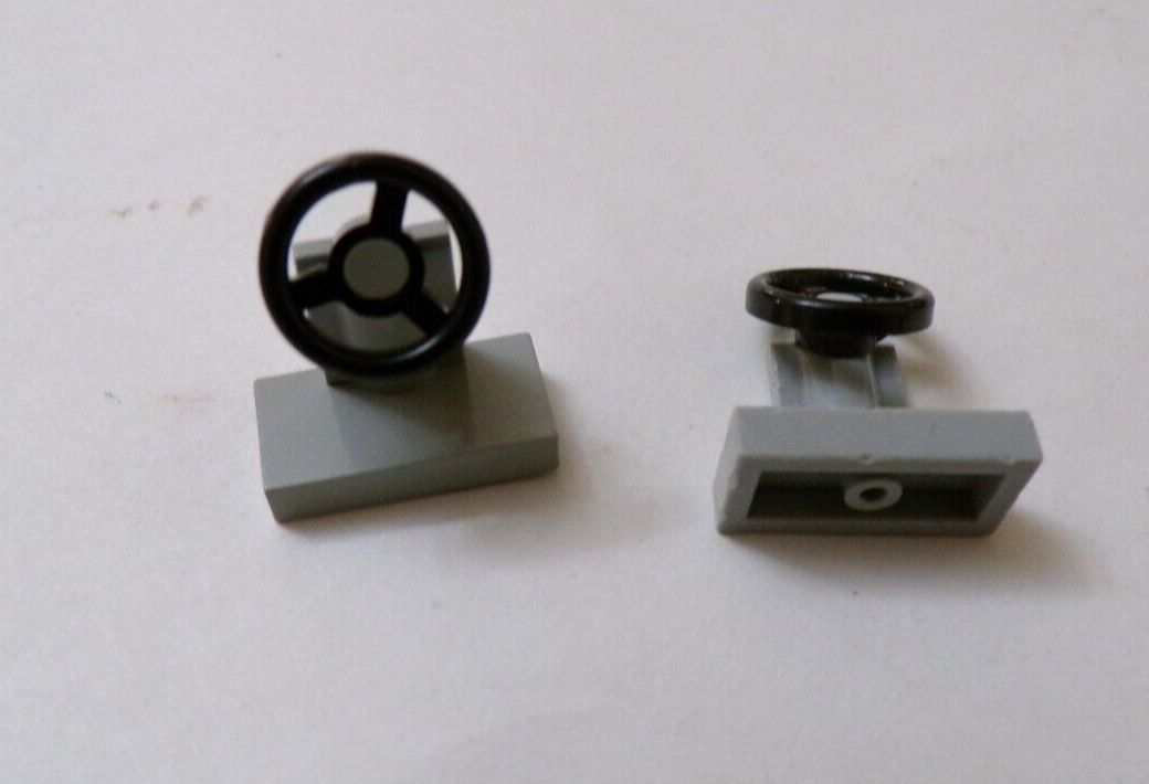 Lego Lot of 2 Black Steering Wheel, Light Gray Stand, 3829c01