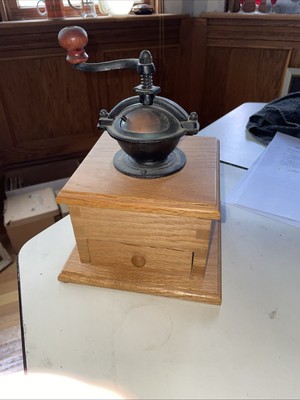 Beautifully Handcrafted Vintage Coffee Grinder. Wood Iron Copper. Signed 