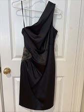 Elisa J black satin one shoulder cocktail dress with rhinestone appliqué