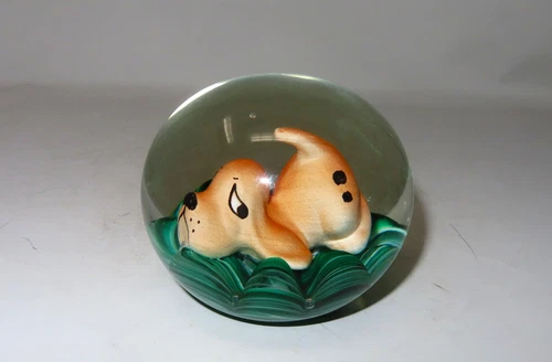 Joe St. Clair Art Glass Paperweight with SAD Signed "NAN" Basset Hound Puppy
