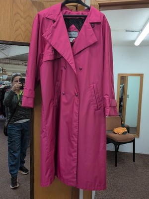 vtg British Mist Trench Rain Coat  Bright Pink Sz 18  Drape Style