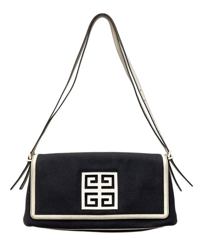 Givenchy Authentic 4G Logo Flap Double Shoulder Bag Black Tote Canvas Women's