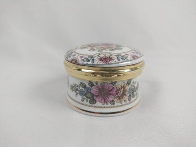 Chinacraft London White Porcelain Round Trinket Box Floral  Gold Color Trim