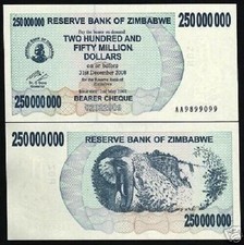ZIMBABWE 250000000 P-59 2008 x 1 Pcs *AA* 250 MILLION DOLLAR UNC ZIMBABWEAN NOTE