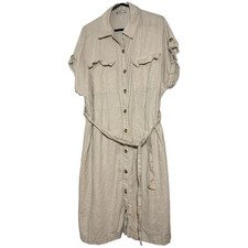 F&F Linen Rich Beige Button Front Shirt Dress UK 12 Safari Utility