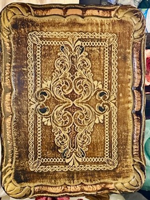Vintage 1950s Italian Gilt Gold Florentine Hand-Painted Tray 13.5  X 10.5 