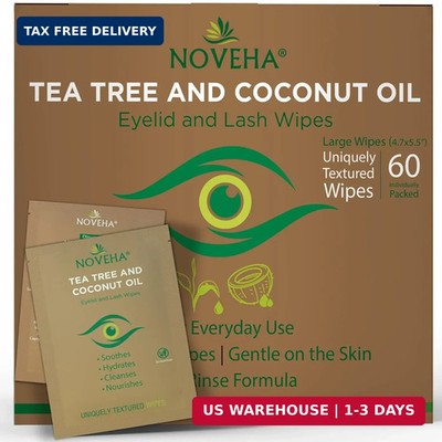 NOVEHA 60PCs Tea Tree & Coconut Oil Eyelid & Lash Wipes - For Demodex, Blepharit