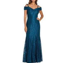 New R&M Richards Peacock Blue Off-The-Shoulder Lace Gown