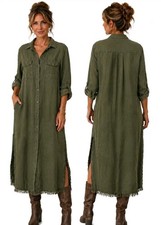 Maxi Button Down Shirt Dress Olive Green Slitted Distressed Grunge Fall Size XS