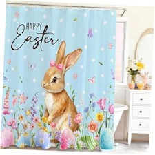 Easter Shower Curtain   Bunny Eggs Happy Easter Shower Curtains 71x71inch Blue