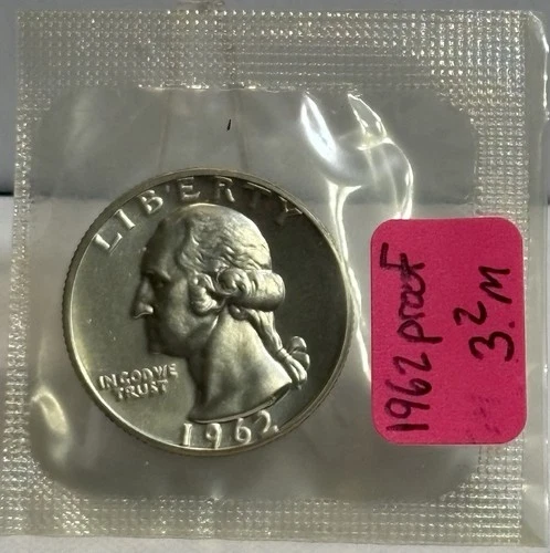 1962 Proof Washington Quarter, 90% Silver, BU, Sealed In Mint Cellophane! 🔥