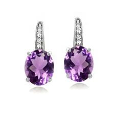 925 Silver Amethyst & Diamond Accent Oval Leverback Earrings