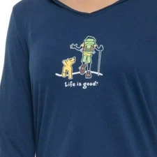 NWT Women's Life Is Good Jake Rocket Backpacking Blue Lightweight LS Hooded Tee