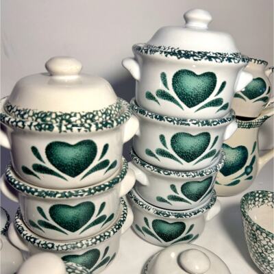 Vintage Corning Corelle Green Hearts Spongeware Print Dish Set