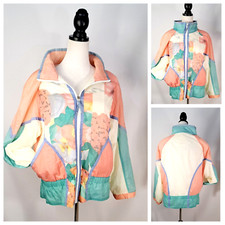 East West Women Vintage Retro 80s Windbreaker Pastel Floral Zipper Pockets Small