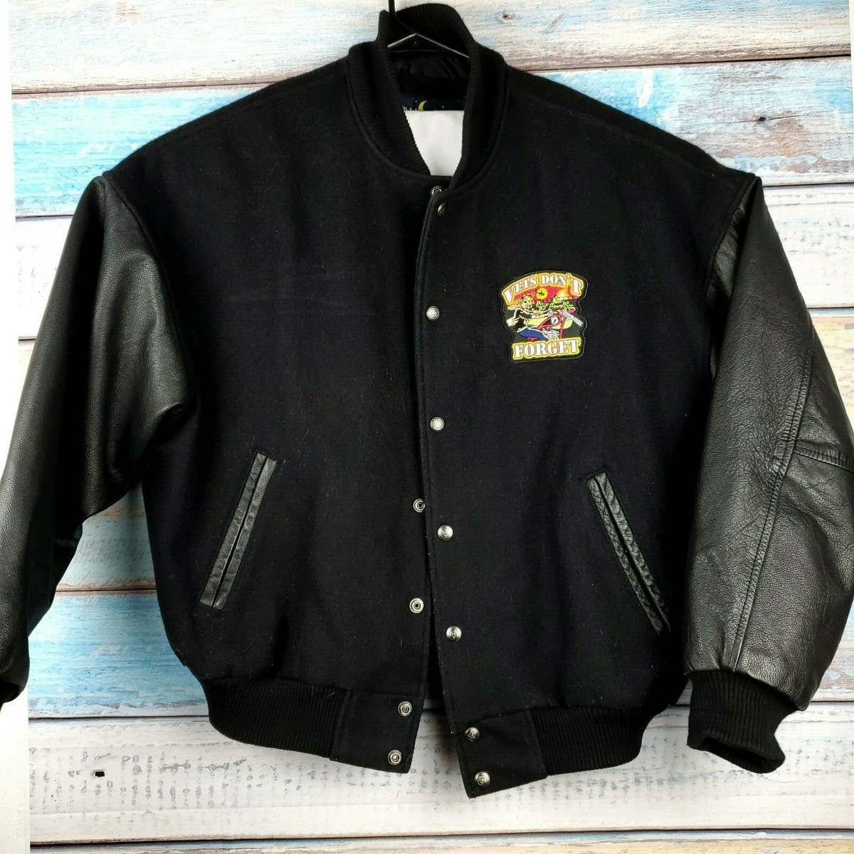 Luna Pier Black Large Leather Jacket Men Wool Sleeves Button Luna Pier Black Large Leather Jacket Men Wool Sleeves Button
