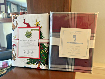Pottery barn GRINCH PILLOW SHAM holiday Christmas Plaid ELF party kid gift SET 2