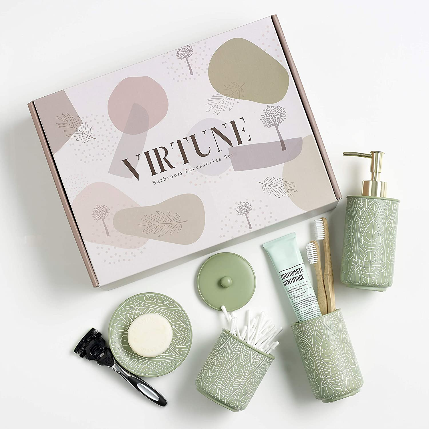 Premium Pastel Green Bathroom Accessories Set, Green, Boho Decor