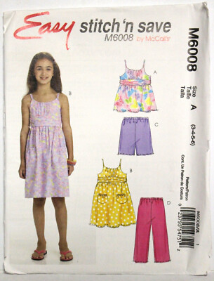 McCall's M6008 Girls Summer Wardrobe Top Dress Shorts Pants Pattern Sz 3 4 5 6