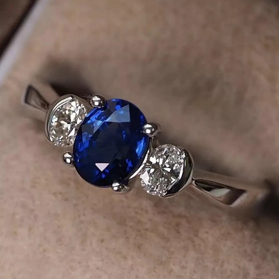 2ct Oval Cut Blue Sapphire Three Stone Diamond Trilogy Ring 14k White Gold Over - Image 3 of 4