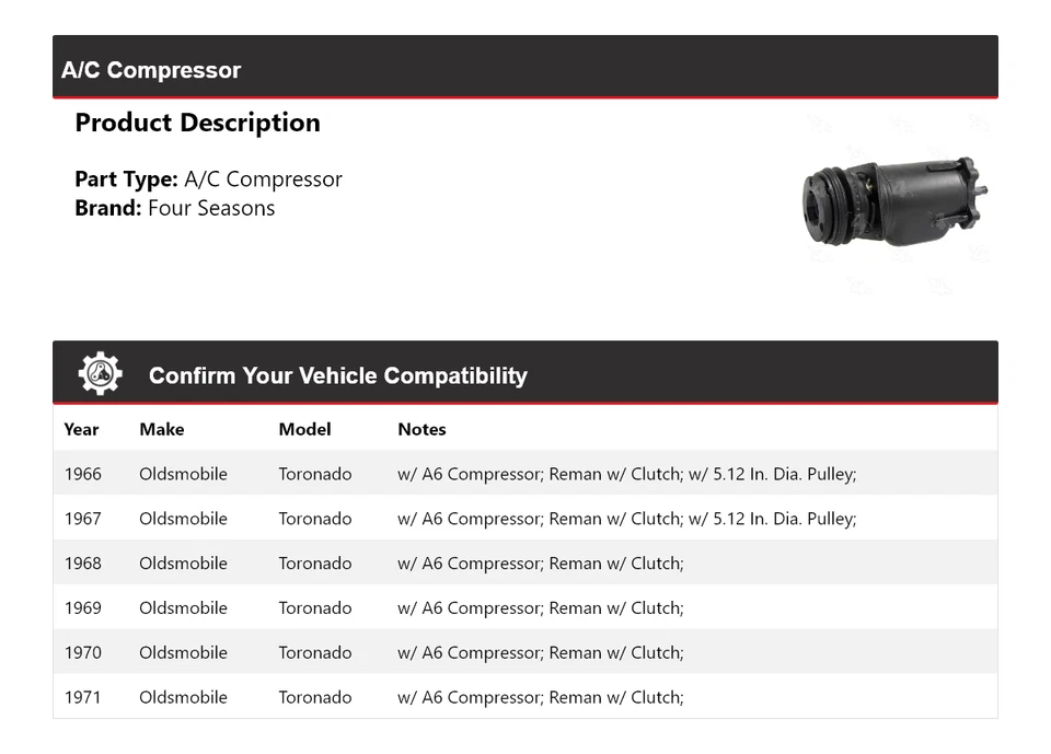Compresor de aire acondicionado Oldsmobile Toronado 1966-1971 4 estaciones 1967 1968 1969 1970 Foto 2 de 4