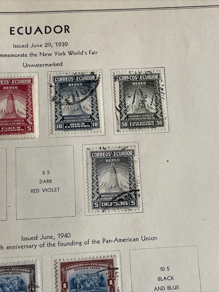Estampillas ECUADOR 1939-1940, 8 piezas - 2 monedas, 6 usadas, del álbum ligeramente montadas Foto 3 de 4