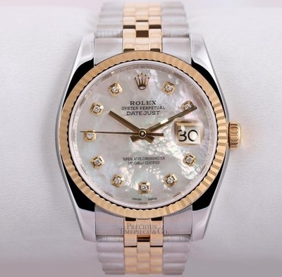 Rolex Datejust 36mm 116233 Two-Tone Jubilee 18K Fluted White MOP Diamond Dial ao