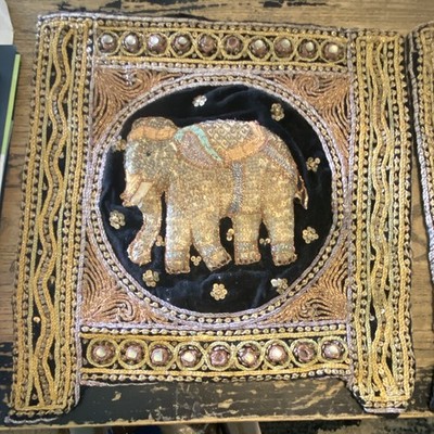Embroidered Beaded Elephant Tapestry Wall Hanging Panel Black, Gold, Brown