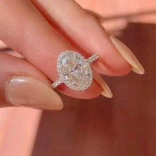 3CT Oval-Cut Lab Created Halo Engagement Ring 14K White Gold Plated