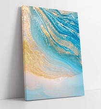 BLUE AND GOLD GLITTER SEASIDE BEACH STYLE FRAMED CANVAS WALL ART PICTURE PRINT