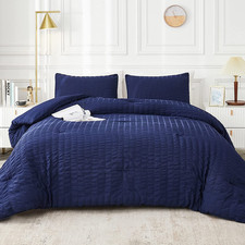Navy Blue Seersucker Twin/Twin XL Comforter Set 68x90 inches , 2 Pieces-100 So