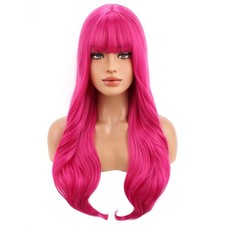 BERON Hot Pink Wigs Long Wavy Wig with Bangs for Women Girls Magenta Curly He...