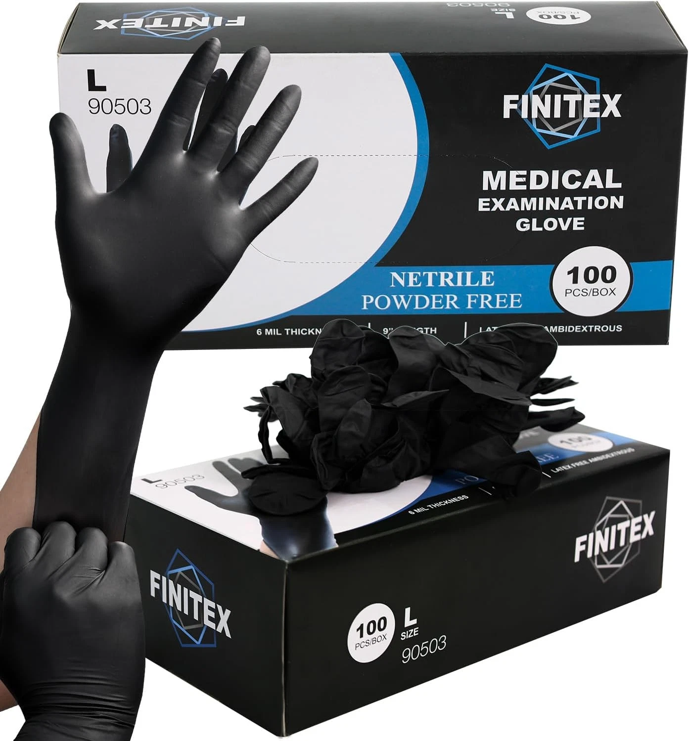 FINITEX Black Nitrile Disposable Medical Exam Gloves - (Large 100)