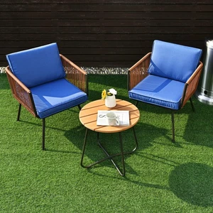 3PC Patio Birsto Furniture Set Cushioned Sofa Armrest Coffee Table Blue