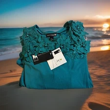 ANTTHONY NWT size S Teal With Floral Appliques and Bead accents(TH)