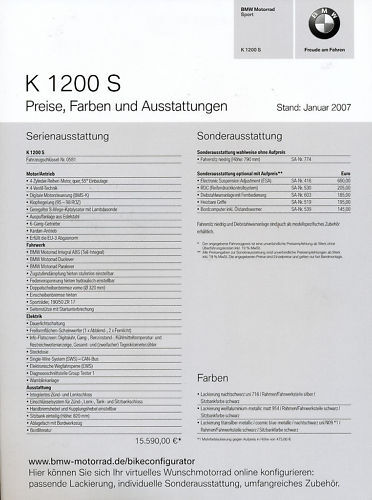 BMW K 1200 S Preisliste 2007 1/07 price list prijslijst cennik prisliste  - Bild 1 von 3