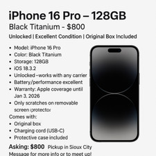 Apple iPhone 16 Pro - 128 GB - Black Titanium (Unlocked) for Apple iPhone 16 Pro - 128 GB - Black Titanium (Unlocked) for
