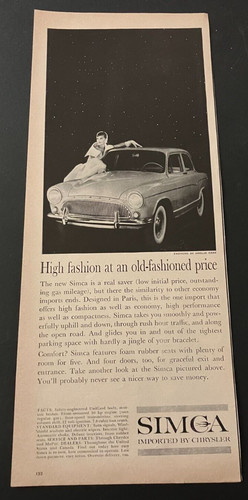Simca "High Fashion at an Old-Fashioned Price" - Vintage Print Ad / Wall Art