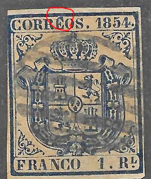 España: 1854; Scott 27, 1 Real, E roto, seguramente el único conocido, usado, EBES050 Foto 2 de 2