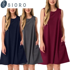 SIORO Women Merino Wool Nightgown Sleeveless Sleepwear Knee-Length Lounge Dress